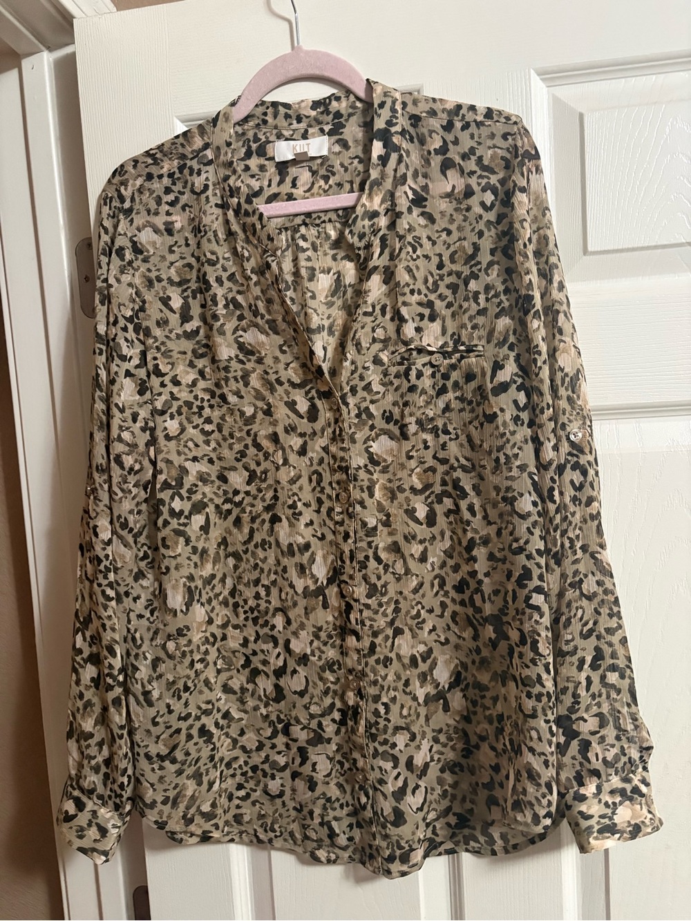Kut from the Kloth leopard animal print long sleeve blouse top sheer XL